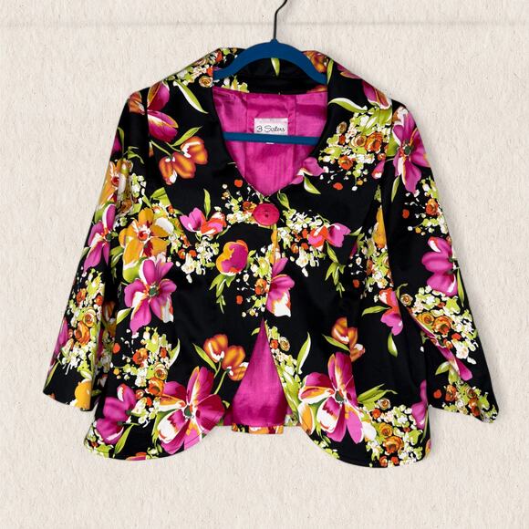 3 Sisters Bold Floral Blazer Jacket Petite Large Black Pink Statement Career PL - Picture 1 of 12